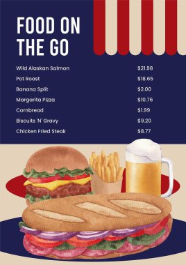 Menu template with American fastfood concept, watercolor styl clipart