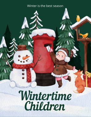 Çocuklarla dolu poster şablonu kış konsepti, suluboya stil