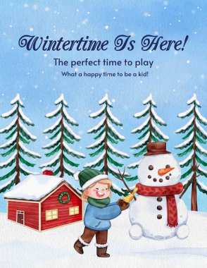 Çocuklarla dolu poster şablonu kış konsepti, suluboya stil