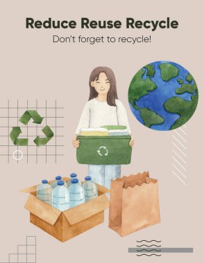 Küresel geri dönüşüm kavramına sahip poster şablonu, suluboya stili