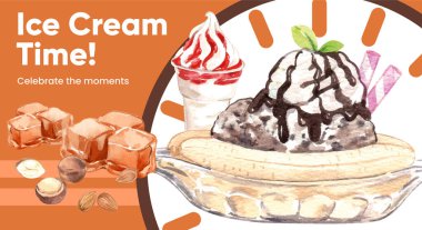 Sundae dondurma kavramlı blog pankartı şablonu, suluboya stil