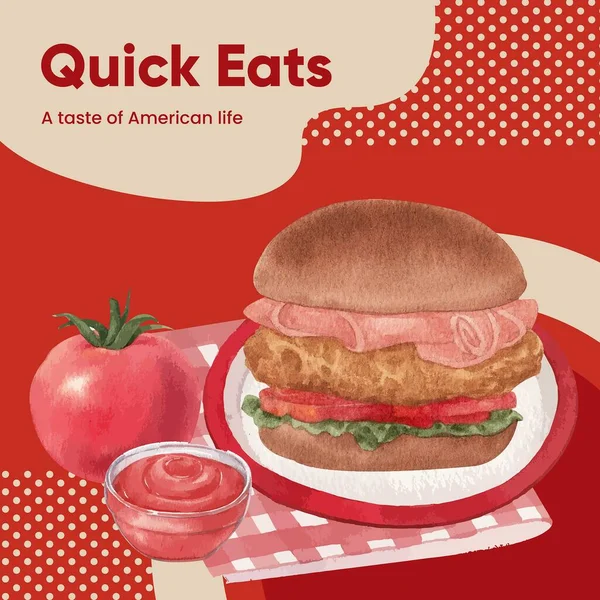 Instagram Post Plantilla Con American Fastfood Concepto Estilo Acuarela — Vector de stock