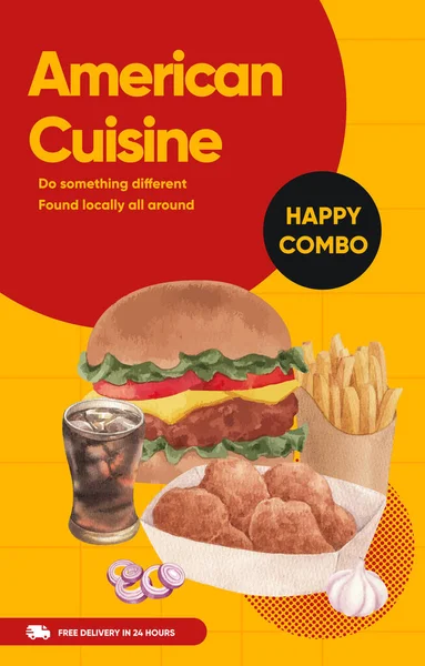 Amerikan fast food konseptiyle davetiye şablonu, suluboya stil