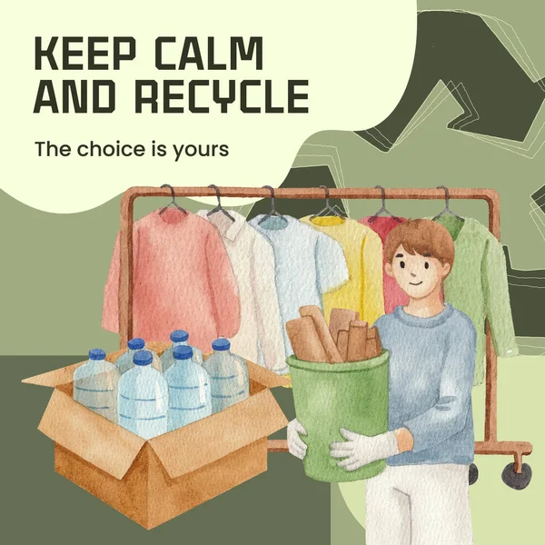 Instagram Post Sjabloon Met Wereldwijde Recycling Concept Aquarel Styl — Stockvector