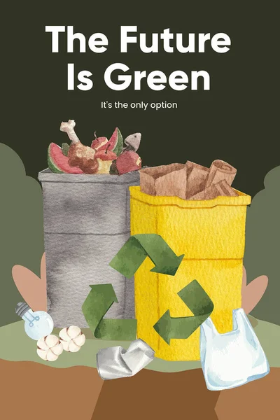 Pinterest Sjabloon Met Wereldwijd Recyclingconcept Aquarelstijl — Stockvector