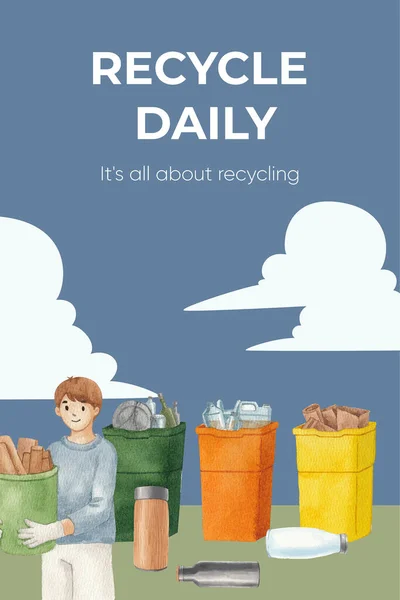 Pinterest Sjabloon Met Wereldwijd Recyclingconcept Aquarelstijl — Stockvector