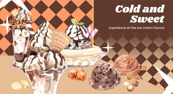 블로그 Banner Template Sundae Ice Cream Conception Watercolor Styl — 스톡 벡터