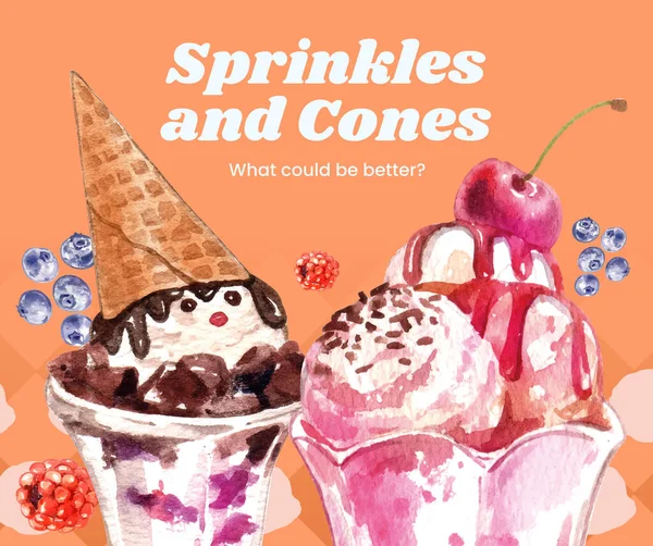 Facebook Post Template Sundae Ice Cream Concept Watercolor Styl — 스톡 벡터