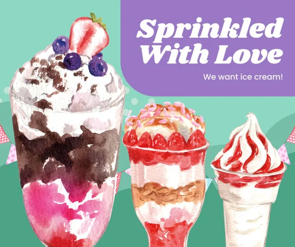 Facebook Post Template Sundae Ice Cream Concept Watercolor Styl — 스톡 벡터