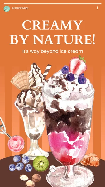 Instagram Story Template Sundae Ice Cream Conception Watercolor Styl — 스톡 벡터