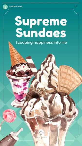 具有圣代冰淇淋概念 水彩画风格的Instagram故事模板 — 图库矢量图片