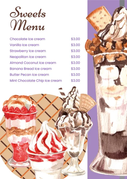 Menu Template Sundae Ice Cream Concept Watercolor Styl — Stock Vector