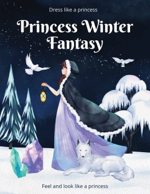 Poster template with prince winter fantasy concept,watercolor styl clipart