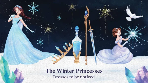 带有王子冬季幻想概念 水彩画风格的博客横幅模板 — 图库矢量图片
