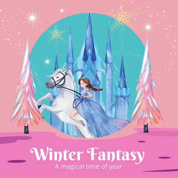 Instagram Post Šablona Princ Zimní Fantasy Koncept Akvarel Styl — Stockový vektor