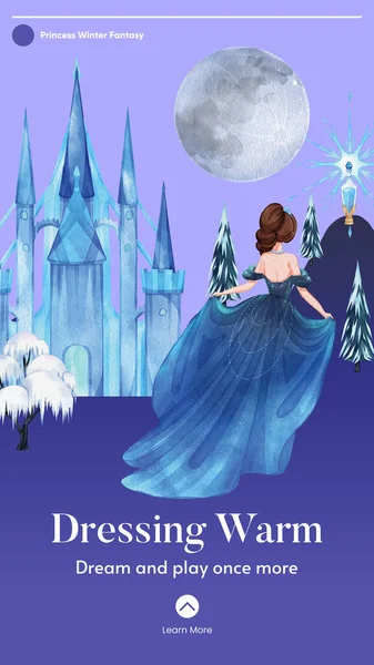 Instagram Příběh Šablona Princem Zimní Fantasy Koncept Akvarel Styl — Stockový vektor