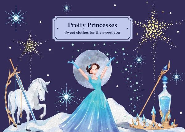 带有王子冬季幻想概念的明信片模板 水彩画风格 — 图库矢量图片