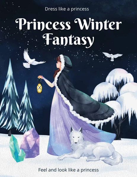 Plakát Šablona Princ Zimní Fantasy Koncept Akvarel Styl — Stockový vektor