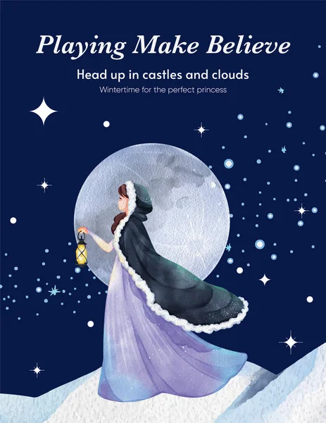 Plakát Šablona Princ Zimní Fantasy Koncept Akvarel Styl — Stockový vektor