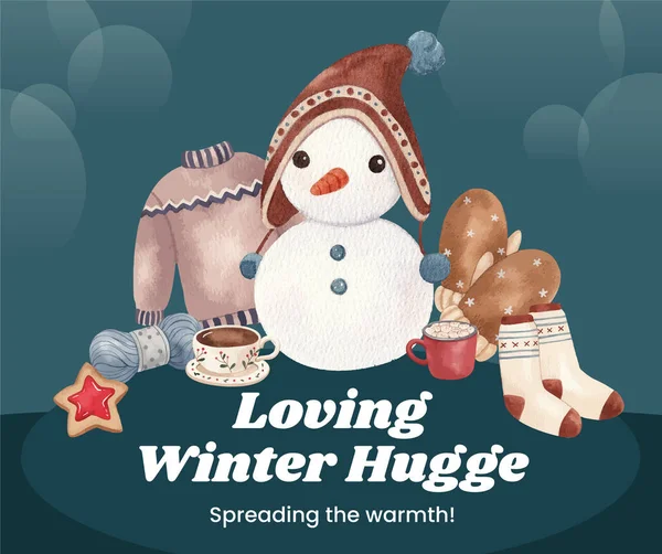 Facebook Post Template Winter Hugge Life Concept Υδατογραφία — Διανυσματικό Αρχείο