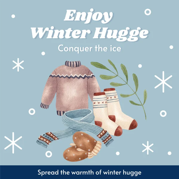 Instagram Post Template Met Winter Hugge Life Concept Aquarel Styl — Stockvector