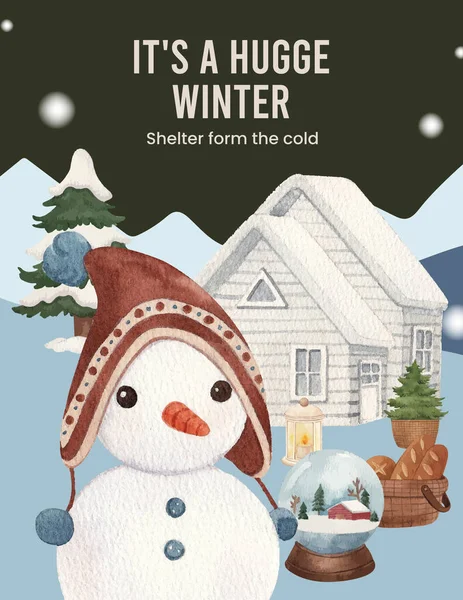 Πρότυπο Αφίσας Χειμερινή Έννοια Ζωής Hugge Υδατογραφία Styl — Διανυσματικό Αρχείο
