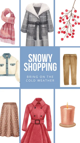 Instagram Příběh Šablona Zimní Oblečení Základní Koncept Akvarel Styl — Stockový vektor