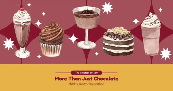 Facebook Post Template Chocolate Dessert Concept Watercolor Styl — Vector de stock