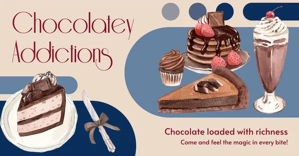 Пост Facebook Искушают Шоколадным Десертом Акварельным Стилем — стоковый вектор