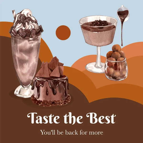 Instagram Post Template Con Concetto Dessert Cioccolato Acquerello Styl — Vettoriale Stock