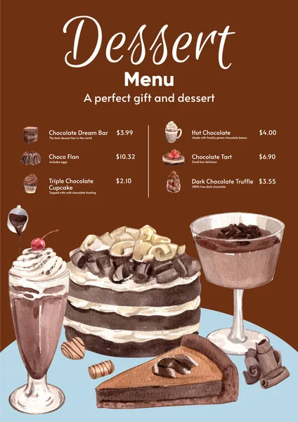 Menu Template Chocolate Dessert Concept Watercolor Styl — Stock Vector