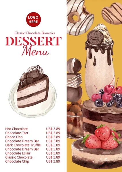 带有巧克力甜点概念的菜单模板 水彩画样式 — 图库矢量图片