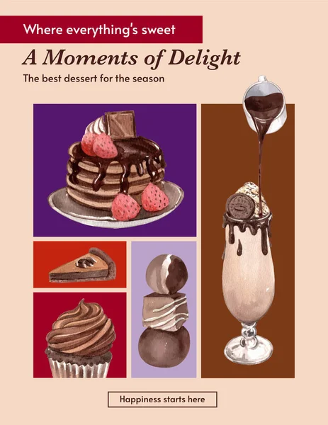 Modèle Affiche Avec Concept Dessert Chocolat Aquarelle Styl — Image vectorielle