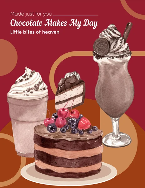 Çikolatalı Tatlı Konseptiyle Poster Şablonu Suluboya Stil — Stok Vektör