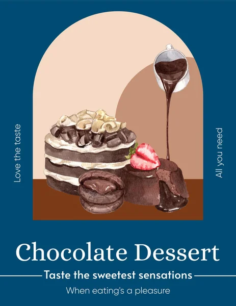 Šablona Plakátu Čokoládovým Dezertem Akvarel Styl — Stockový vektor