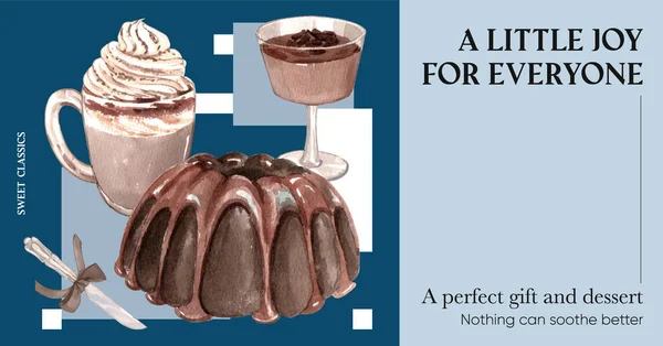 Facebook Post Template Chocolate Dessert Concept Watercolor Styl Ilustraciones de stock libres de derechos