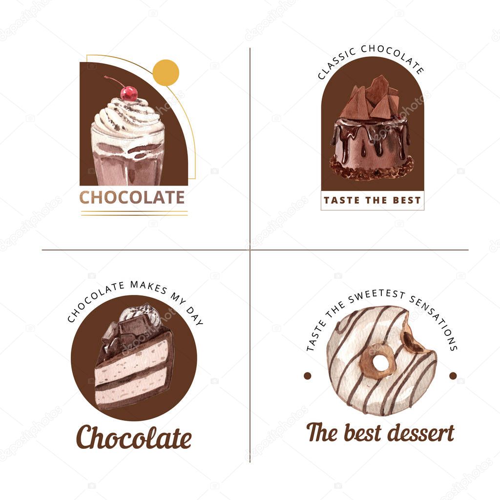 Logo template with chocolate dessert concept,watercolor styl