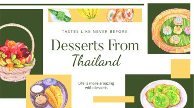 Blog banner template with Thai dessert concept,watercolor styl clipart