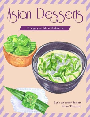 Poster template with Thai dessert concept,watercolor styl clipart