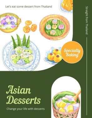 Poster template with Thai dessert concept,watercolor styl clipart