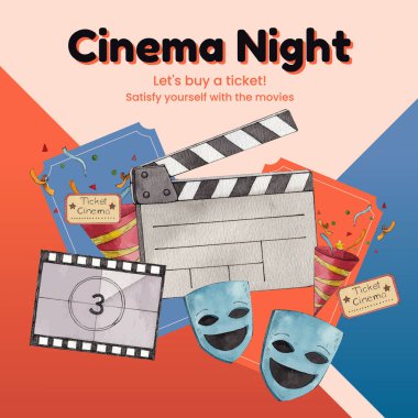 Instagram post template with movie night cinema concept,watercolor styl clipart