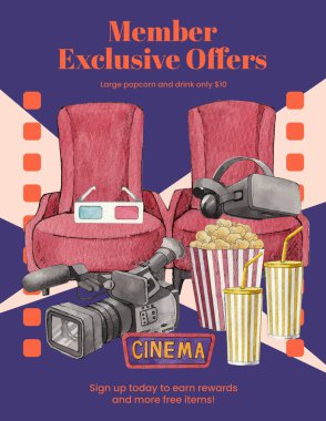 Poster template with movie night cinema concept,watercolor styl clipart