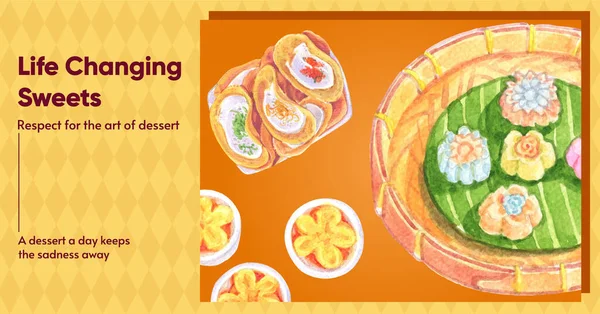 Facebook Post Template Thai Dessert Concept Watercolor Styl Ilustración de stock