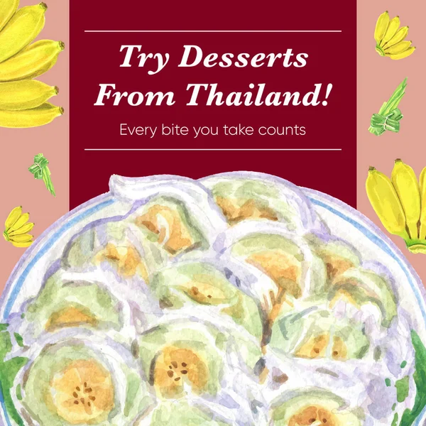 Instagram Post Template Thai Επιδόρπιο Έννοια Υδατογραφία Styl Εικονογράφηση Αρχείου