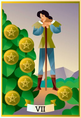 seven of pentacles tarot card clipart