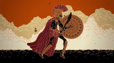 Yunan Spartalı savaşçı kılıç ve kalkanla yürüyor