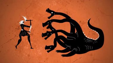 turuncu ve siyah herkül sahnesi Hydra ile savaşıyor.