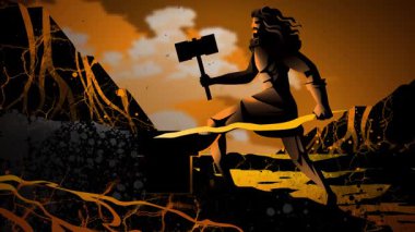 Hephaestus volkanda çekiç ve örsle kızgın demir dövüyor.