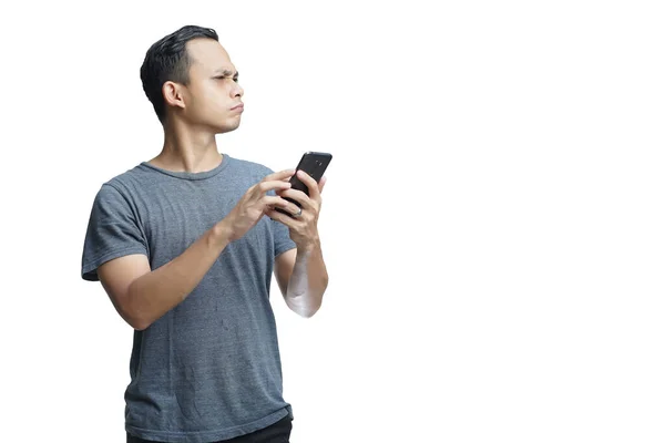 Young Smiling Handsome Asian Man Casual Attire Using Mobile Phone — Stock Photo, Image