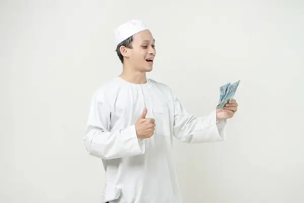 Happy Muslim Man Holding Money Rupiah Banknotes Give Thumb People — Stock Photo, Image